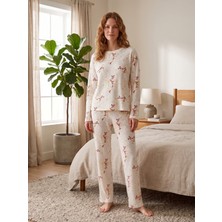 Sleeproom Bisiklet Yaka Waffle Kumaş Çiçek Desen Uzun Kollu Pijama Takımı