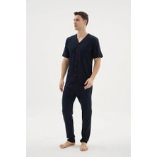 Kly Pijama Kly 2210 Erkek %100 Pamuklu Boydan Düğmeli V Yaka Büyük Beden Pijama Takım