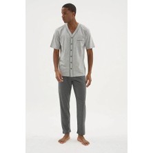 Kly Pijama Kly 2210 Erkek %100 Pamuklu Boydan Düğmeli V Yaka Büyük Beden Pijama Takım