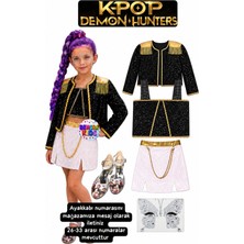 Bemora Kids Kpop Huntrix Rumi Iblis Avcıları Kostüm Etek Ceket Büstiyer Bluz + Yüz Taşı + Kpop Topuklu Ayakkabı Doğum Günü Parti