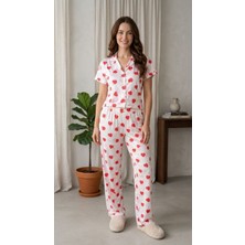 Sleeproom Viskon Düğmeli Kalp Desen Kısa Kol Pijama Takım