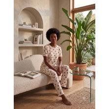 Sleeproom Bisiklet Yaka Waffle Kumaş Kalp Desen Kısa Kollu Pijama Takımı