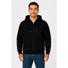 Deluxe Takı ve Giyim Erkek Üç Iplik Kapüşonlu Tam Fermuarlı Kanguru Çepli Sweatshirt Hoodie - Siyah