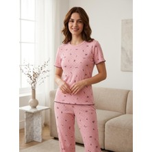 Sleeproom Sıfır Yaka Pointel Yonca Desenli Kısa Kol Kadın Pijama Takımı