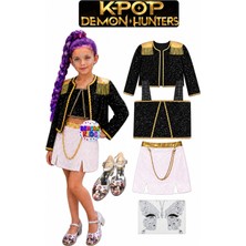 Bemora Kids Kpop Huntrix Rumi Iblis Avcıları Kostüm Etek Ceket Büstiyer Bluz + Yüz Taşı + Kpop Topuklu Ayakkabı Doğum Günü Parti