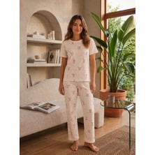 Sleeproom Bisiklet Yaka Waffle Kumaş Çiçek Desen Kısa Kollu Pijama Takımı