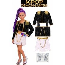 Bemora Kids Kpop Huntrix Rumi Iblis Avcıları Kostüm Etek Ceket Büstiyer Bluz Yüz Taşı Doğum Günü Parti