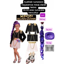 Bemora Kids Kpop Rumi Huntrix Rumi Iblis Avcıları Kostüm Etek Ceket Büstiyer Bluz + Kpop Rumi Mor Işıklı Simli Saç+ Mor Saç Tozu + Yüz Taşı + Kpop Topuklu Ayakkabı Doğum Günü Parti Seti