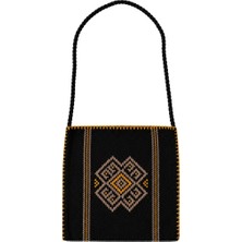 Hakiki Karacakılavuz Dimi Dokuması Koç Boynuzu Motifli Siyah Çanta 25 x 26 cm