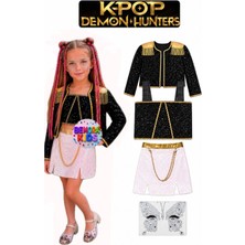 Bemora Kids Kpop Huntrix Mira Iblis Avcıları Kostüm Etek Ceket Büstiyer Bluz Yüz Taşı Doğum Günü Parti