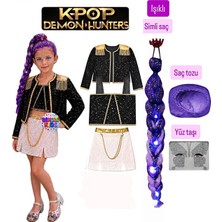 Bemora Kids Kpop Rumi Huntrix Rumi Iblis Avcıları Kostüm Etek Ceket Büstiyer Bluz + Kpop Rumi Mor Işıklı Simli Saç+ Mor Saç Tozu + Yüz Taşı Doğum Günü Parti Seti