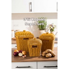 Porsima PBT-919-2 3lü Hasır Sepet Kapaklı Bambu Sepet Seti Dekoratif Banyo Mutfak Düzenleyici Patates Soğan Sepeti Organizeri