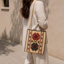 Hakiki Karacakılavuz Dimi Dokuması Koç Boynuzu Motifli Bej Büyük Çanta 35X30 cm