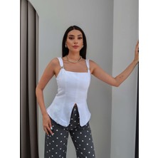 Esra Helvacı Aksesuar Askılı Keten Bluz