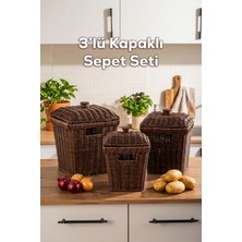 Porsima PBT-919-1 3lü Hasır Sepet Kapaklı Bambu Sepet Seti Dekoratif Banyo Mutfak Düzenleyici Patates Soğan Sepeti Organizeri