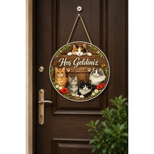 Lucena Kedi Temalı Hoş Geldiniz Kapı Süsü Ahşap  Yuvarlak Kapı Dekoru