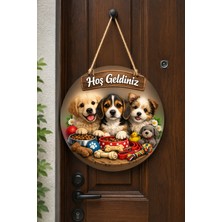 Lucena Yavru Köpekler Temalı Hoş Geldiniz Kapı Süsü Ahşap Yuvarlak Dekoratif Kapı Süsü
