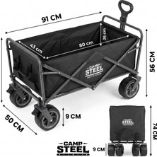 Ankabey06 CampSteel 100 Litre Fren Sistemli, Rulmanlı, Kalın Teker, XXL Boy Katlanır Vagon (91x50x56 cm) Plaj Taşıma ve Kamp Piknik Arabası - Siyah