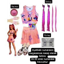 Bemora Kids Kpop Huntrix Pembe Etek Bluz Alt Üst 2 Li Takım Şort Etek +Mira Pembe Simli Saç + Yüz Taşı + Pembe Saç  Tozu+ Eldiven + Kpop Ayakkabı Seti