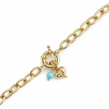 Zeino Mavi Taşlı Kalp Detaylı Zincir Çelik Bileklik - 14K Altın Kaplama - 17+3 cm