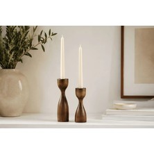 Han Ahşap Ahşap Şamdan Seti 2'li Ceviz Renk Dekoratif Mumluk El Yapımı Modern Tasarım 17,5 cm & 15 cm