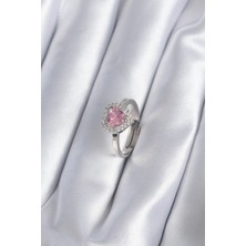 Mey Ithalat® Pirinç Gümüş Renk Pembe Zirkon Taşlı Charm Model Kadın Yüzük