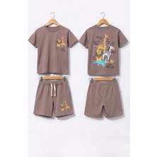 Bican Erkek Çocuk Origami Hayvan Baskılı %100 Pamuklu T-Shirt ve Şort Alt Üst Takım