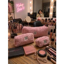 Make Bag Pembe Peluş 3'lü Set Makyaj Çantaları (Büyük-Orta-Küçük)