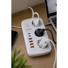 Exenar 3'lü Priz 2 Metre Kablolu - 4 USB - 2 Type-C Grup Priz Çoklayıcı Çocuk Koruma Priz 2m Kablo 2500W