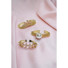 Lunel Accessory Altın Kaplama Ayarlanabilir 3'lü Yüzük Seti - Pembe Zirkon Taşlı Kraliçe Tacı ve Incili Eklem Yüzüğü Takımı