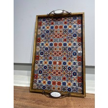Color Craft Ahşap Çerçeveli Seramik Sunum Tepsisi 40X25 cm - Otantik Kulplu Hediyelik Tepsi