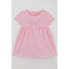 Breeze Kız Çocuk Elbise Çiçek Nakışlı Kolları Lastikli Fiyonk Aksesuarlı 1-4 Yaş , Pembe