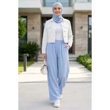 Harma Time Butik Kadın Beli Lastikli Çilek Kumaş Mavi Salaş Pantolon
