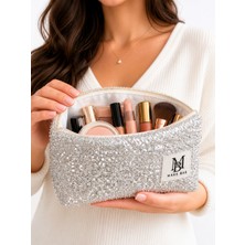 Make Bag Elmas Boncuklu Gümüş Renk Makyaj Çantası