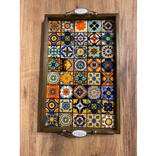 Color Craft Ahşap Çerçeveli Seramik Sunum Tepsisi 40X25 cm - Otantik Kulplu Hediyelik Tepsi