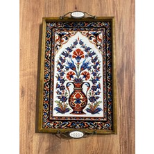 Color Craft Ahşap Çerçeveli Seramik Sunum Tepsisi 40X25 cm - Otantik Kulplu Hediyelik Tepsi