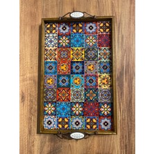 Color Craft Ahşap Çerçeveli Seramik Sunum Tepsisi 40X25 cm - Otantik Kulplu Hediyelik Tepsi