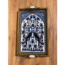 Color Craft Ahşap Çerçeveli Seramik Sunum Tepsisi 40X25 cm - Otantik Kulplu Hediyelik Tepsi