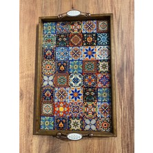 Color Craft Ahşap Çerçeveli Seramik Sunum Tepsisi 40X25 cm - Otantik Kulplu Hediyelik Tepsi