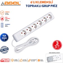 Asel 6'lı Topraklı Grup Priz Çoklu Priz Uzatma Kablosu 3 Metre