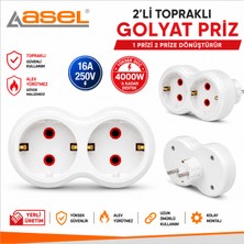 Asel 2'li Düz Golyat Priz | Çoklu Priz | Priz Çoğaltıcı | Fişli Priz | 2'li Topraklı Priz