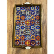Color Craft Ahşap Çerçeveli Seramik Sunum Tepsisi 40X25 cm - Otantik Kulplu Hediyelik Tepsi