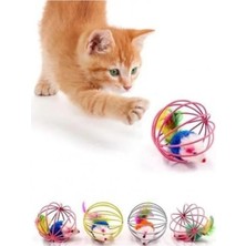 Aesco Renkli Metal Kafesli Peluş Fareli Kedi Oyuncağı - Eğlenceli Tüylü Top