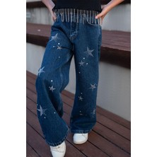 Breeze Kız Çocuk Jean Pantolon Taşlı Yıldız Aksesuarlı 5-9 Yaş, Koyu Mavi