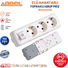 Asel 3'lü Anahtarlı Topraklı Priz | Çoklu Priz | Priz Çoğaltıcı | Anahtarlı Grup Priz