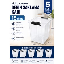 Akyüz Plastik 📦 5’li Kilitli Kapaklı 15 Litre Plastik Şeffaf Saklama Kabı 27 x 27CM H: 32 cm Plastik Şeffaf Organ