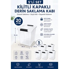 Akyüz Plastik 📦 5’li Kilitli Kapaklı 20 Litre Plastik Şeffaf Saklama Kabı 30 x 30 cm H: 36 cm Plastik Şeffaf Orga