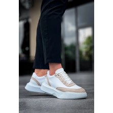 By Shoes BA0354 Günlük Bağcıklı Erkek Krem Parçalı Beyaz Yüksek Taban Spor Ayakkabı