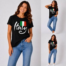 Enb1r Moda Italy Yazılı Italyan Bayrak Renkleri Baskılı Unisex Siyah Premium Basic T-Shirt
