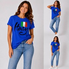 Enb1r Moda Italy Yazılı Italyan Bayrak Renkleri Baskılı Unisex Saks Mavi Premium Basic T-Shirt